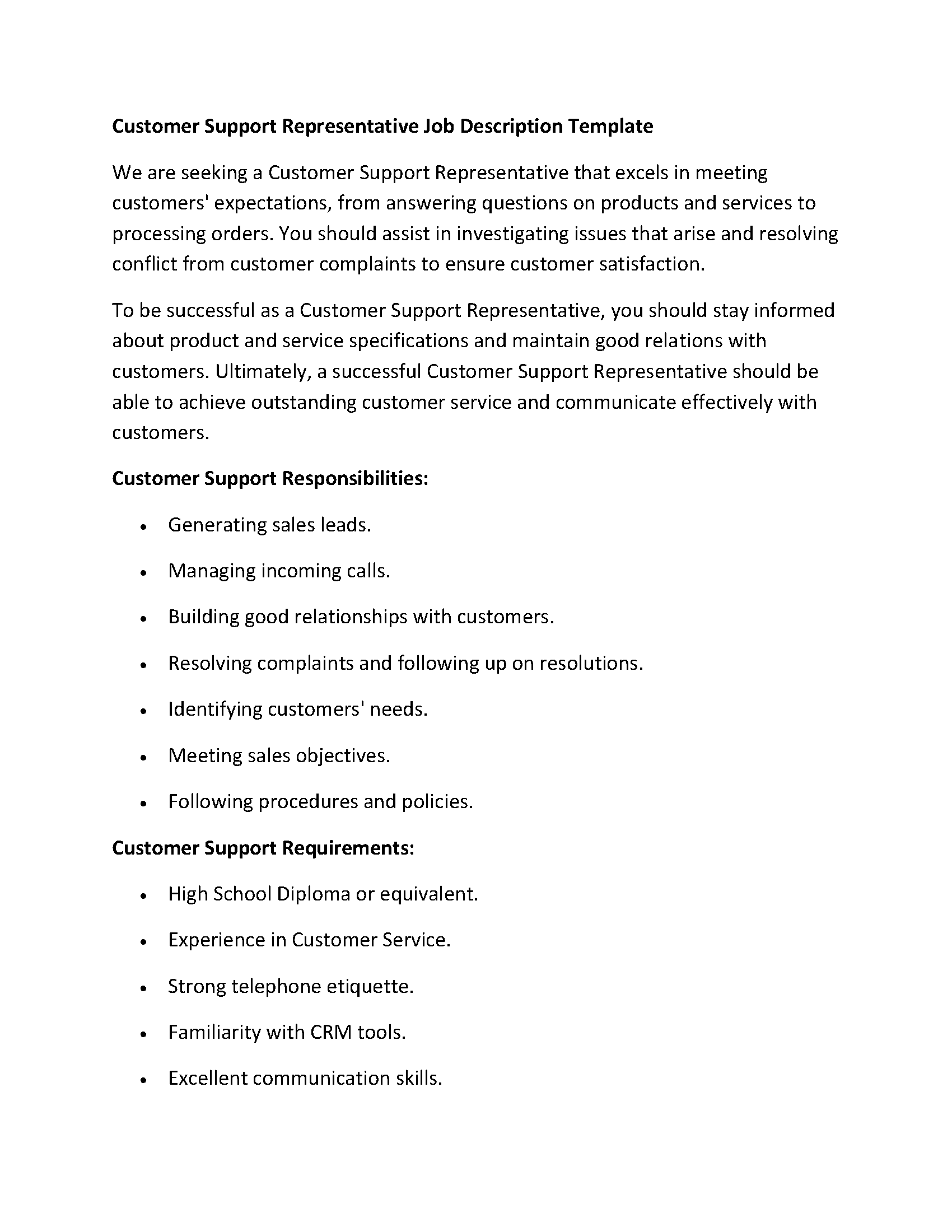 Customer Support Representative Job Description Template